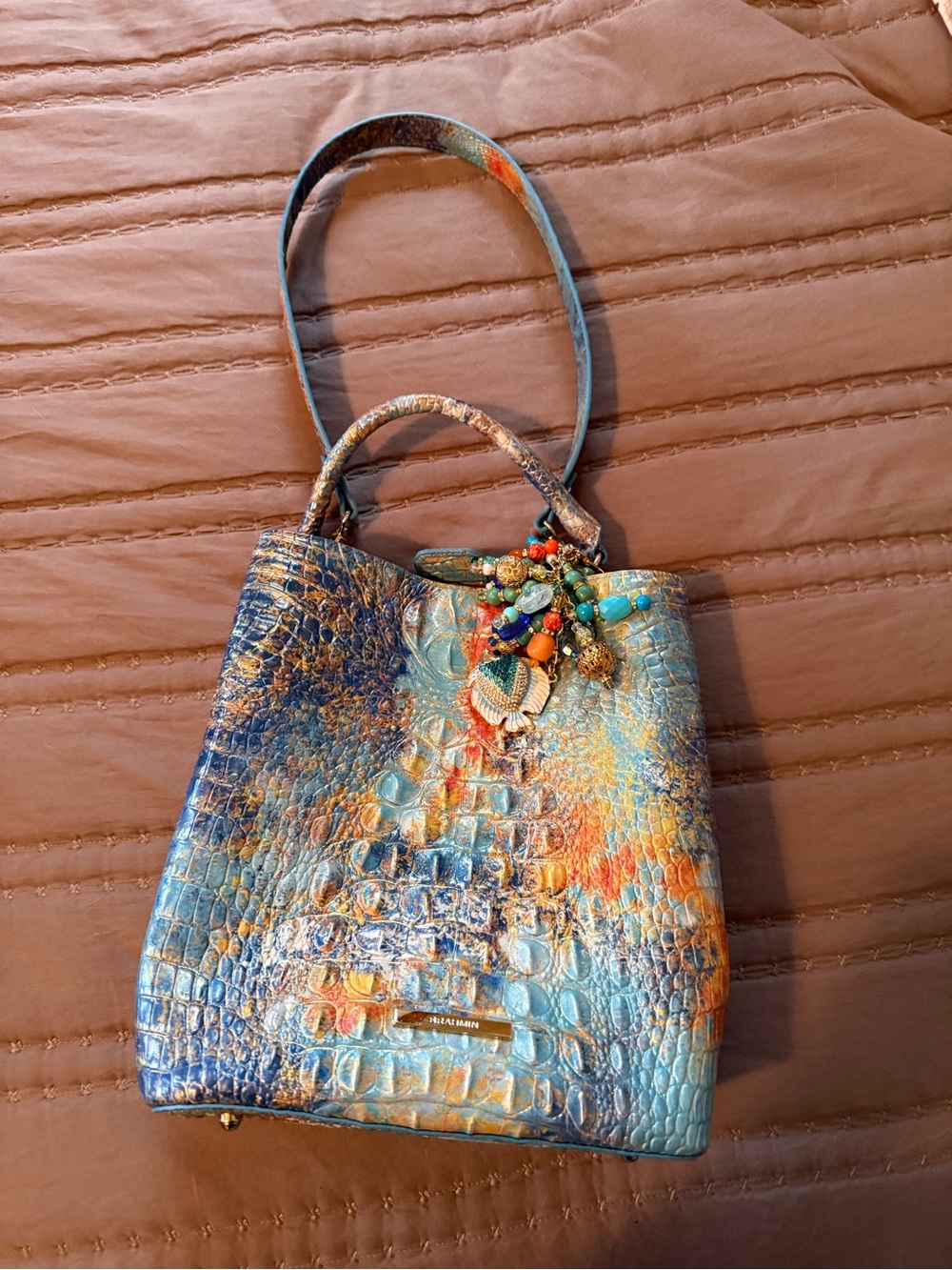 Brahmin Turquoise & Orange Croc-Embossed Top-Handle Tote - Picture 2 of 3